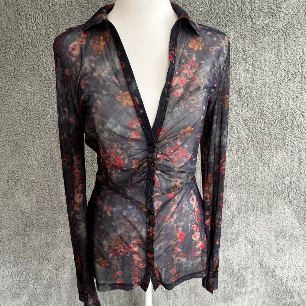 Natural Life Mesh Floral Button Down Shirt L